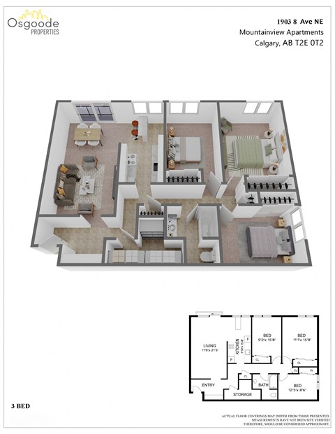 Floor plan for 3 beds, 1 bath, 1196 sqft